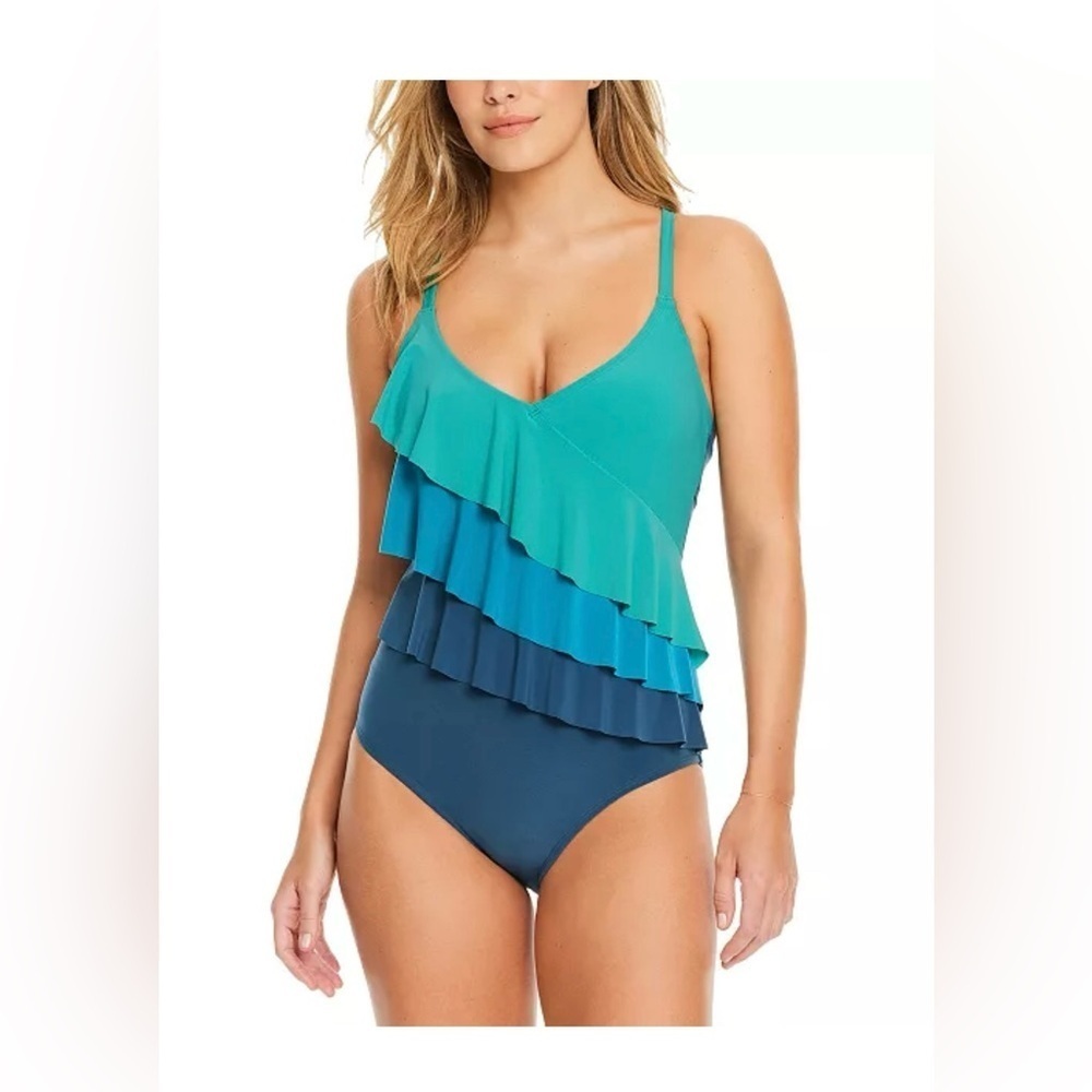 NWT Beyond Control Women's Ruffle-Tiered Color-Blocked One-Piece Swimsuit 10